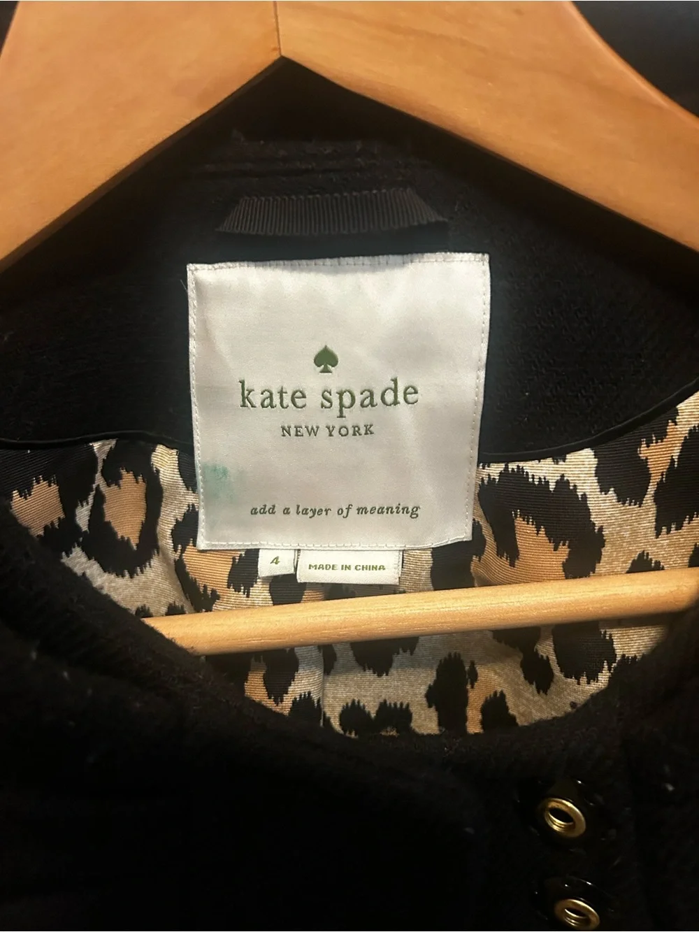 kate spade Black Pea Coat with Leopard-Print Lining
